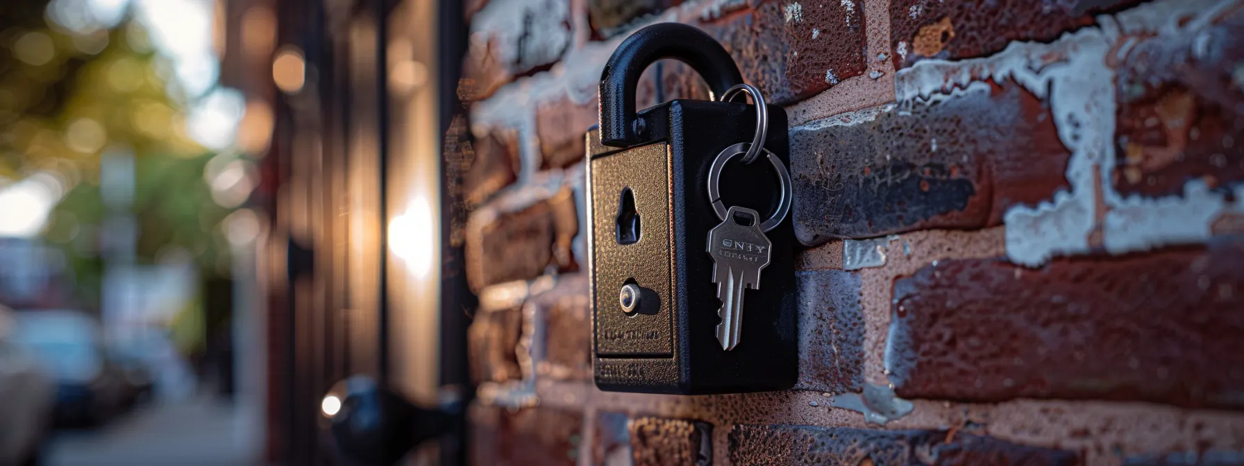 a sturdy outdoor keysafe mounted on a brick wall, showcasing security and convenience for accessing spare keys. a sturdy outdoor keysafe mounted on a brick wall, showcasing security and convenience for accessing spare keys.