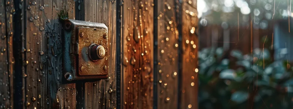 a sturdy, rust-resistant keysafe mounted on a weather-beaten wooden fence in a rainy backyard.