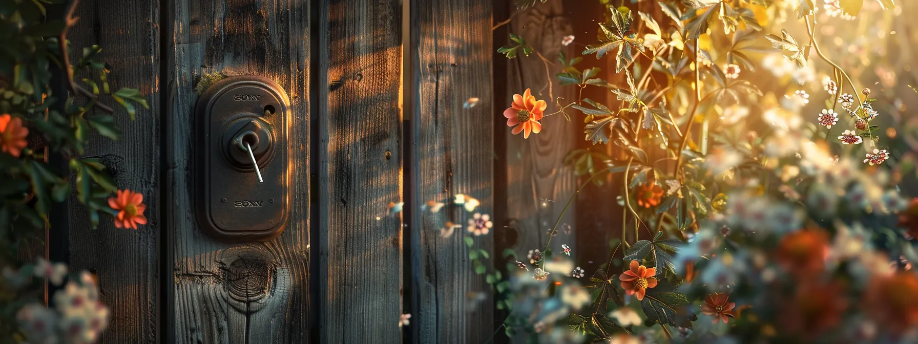 a sturdy weatherproof key safe hanging securely on a rustic wooden fence, surrounded by blooming flowers and gleaming under the sunlight, symbolizing safety and reliability in key management. a sturdy weatherproof key safe hanging securely on a rustic wooden fence, surrounded by blooming flowers and gleaming under the sunlight, symbolizing safety and reliability in key management.