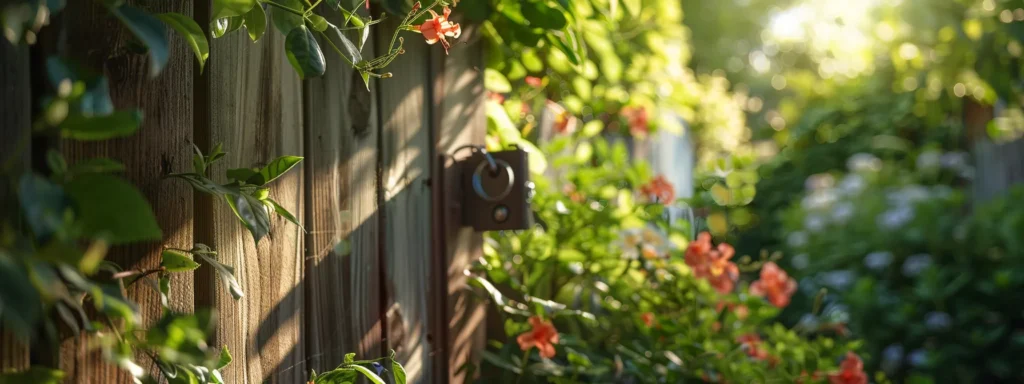 a sturdy, weatherproof keysafe hanging on a wooden fence in a lush green backyard, surrounded by blooming flowers.