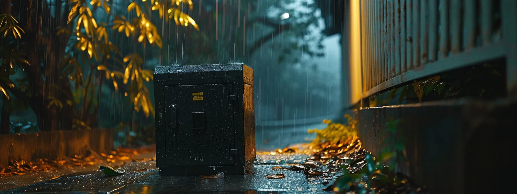 a sturdy, weatherproof keysafe stands strong against heavy rain and dust in an outdoor setting. a sturdy, weatherproof keysafe stands strong against heavy rain and dust in an outdoor setting.