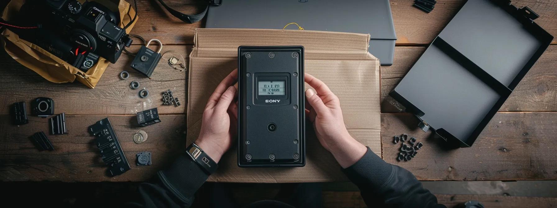 unpacking a biometric keysafe, surrounded by steel screws and a backup power source, with a location selected for installation and manufacturer's guidelines in hand for reference. unpacking a biometric keysafe, surrounded by steel screws and a backup power source, with a location selected for installation and manufacturer's guidelines in hand for reference.