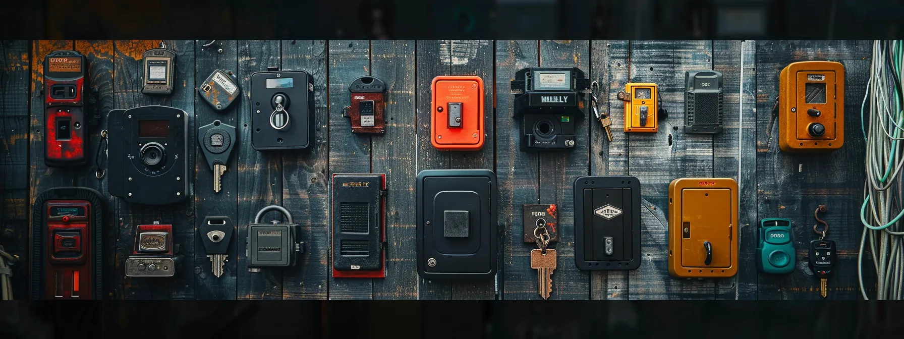 a variety of weatherproof key safes displayed against a rugged outdoor backdrop, showcasing different types and security features. a variety of weatherproof key safes displayed against a rugged outdoor backdrop, showcasing different types and security features.