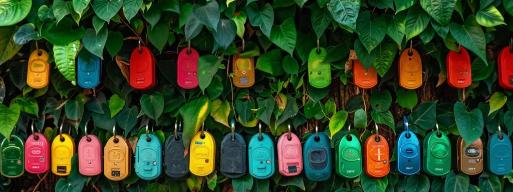 vibrant array of outdoor keysafes displayed against a backdrop of lush greenery.