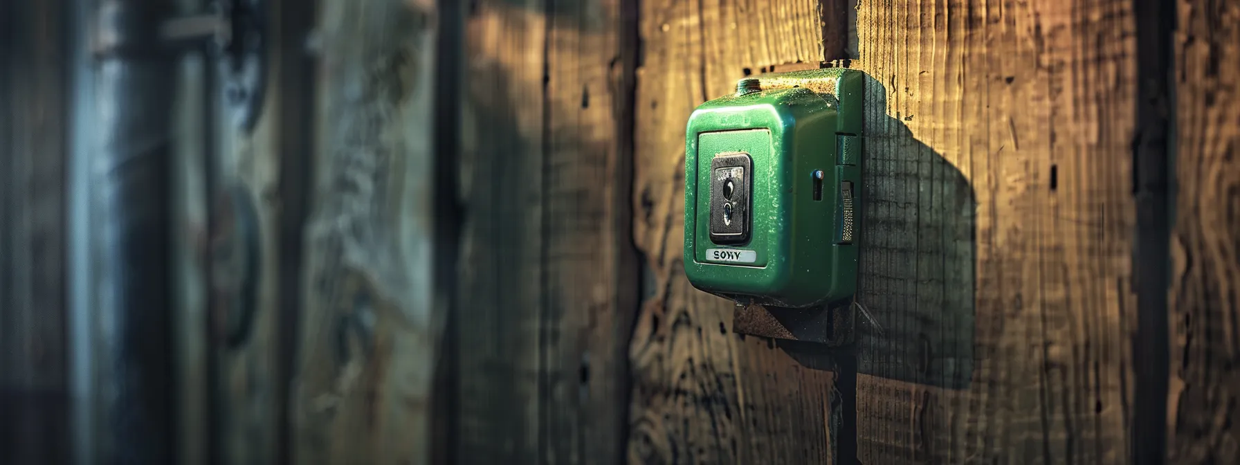 a weather-worn keysafe hangs on a rustic wooden door, with a vibrant green latch securing the keys inside, symbolizing the importance of routine maintenance and security measures.