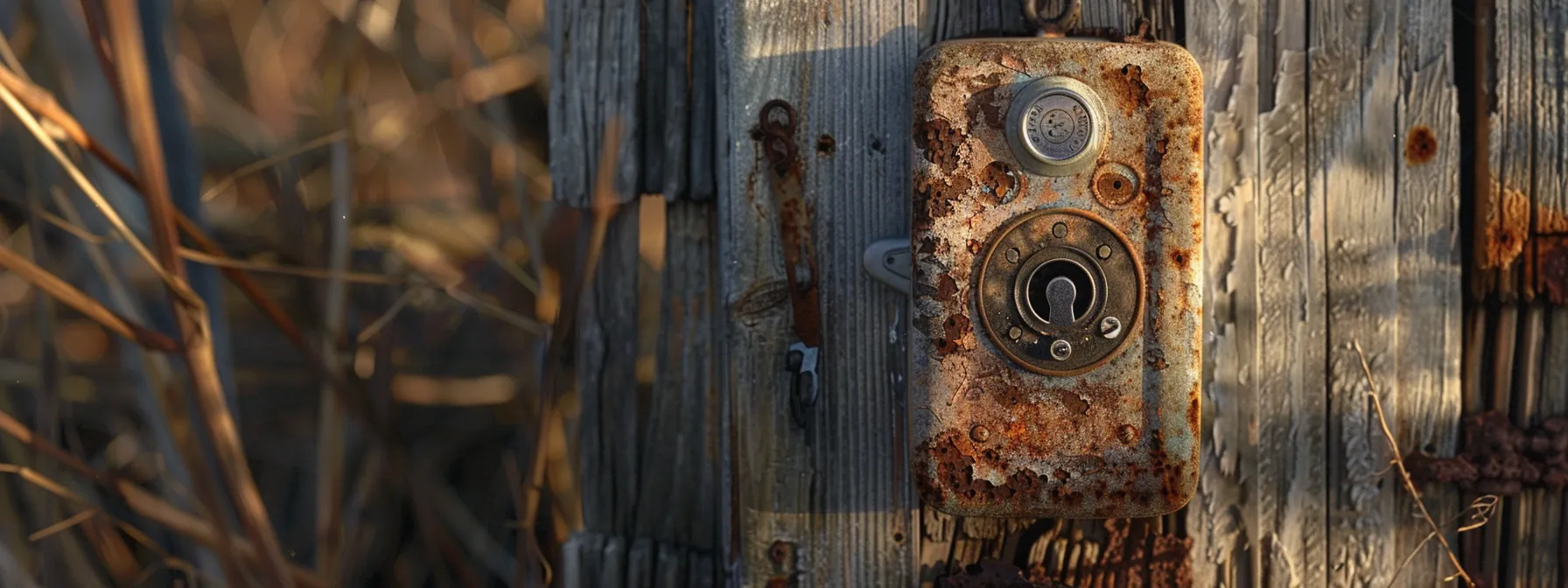 a weathered keysafe hanging on a rustic wooden fence, showcasing signs of wear and tear, but still secure and functional. a weathered keysafe hanging on a rustic wooden fence, showcasing signs of wear and tear, but still secure and functional.