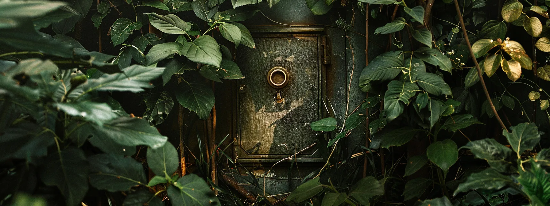 a weathered keysafe hidden behind dense foliage in a dimly lit outdoor setting, emphasizing the importance of effective concealment for security purposes. a weathered keysafe hidden behind dense foliage in a dimly lit outdoor setting, emphasizing the importance of effective concealment for security purposes.