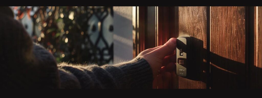 a hand securely installing a sleek, modern biometric keysafe onto a front door.