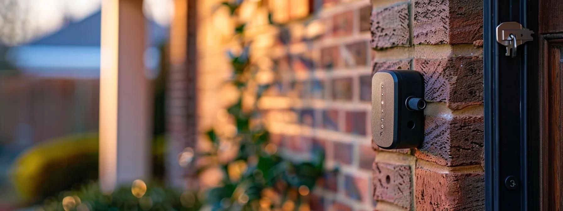 a modern outdoor keysafe mounted on a brick wall, providing secure access to spare keys for family and visitors while integrating seamlessly with wireless security systems. a modern outdoor keysafe mounted on a brick wall, providing secure access to spare keys for family and visitors while integrating seamlessly with wireless security systems.