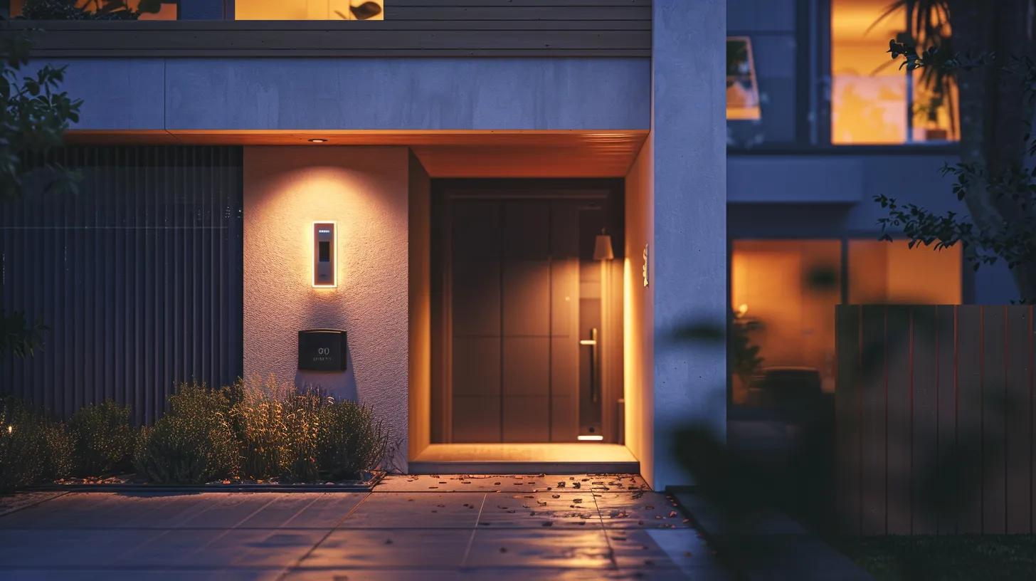 a modern home prominently features a sleek biometric keysafe, its glowing scanner illuminated against a backdrop of a secure, well-lit neighborhood, symbolizing enhanced safety and community protection.