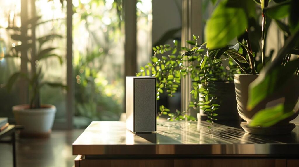 a sleek biometric keysafe sits prominently on a sunlit countertop, its polished surface reflecting the natural light, symbolizing efficiency and modern technology while surrounded by green indoor plants that evoke a sense of vitality.