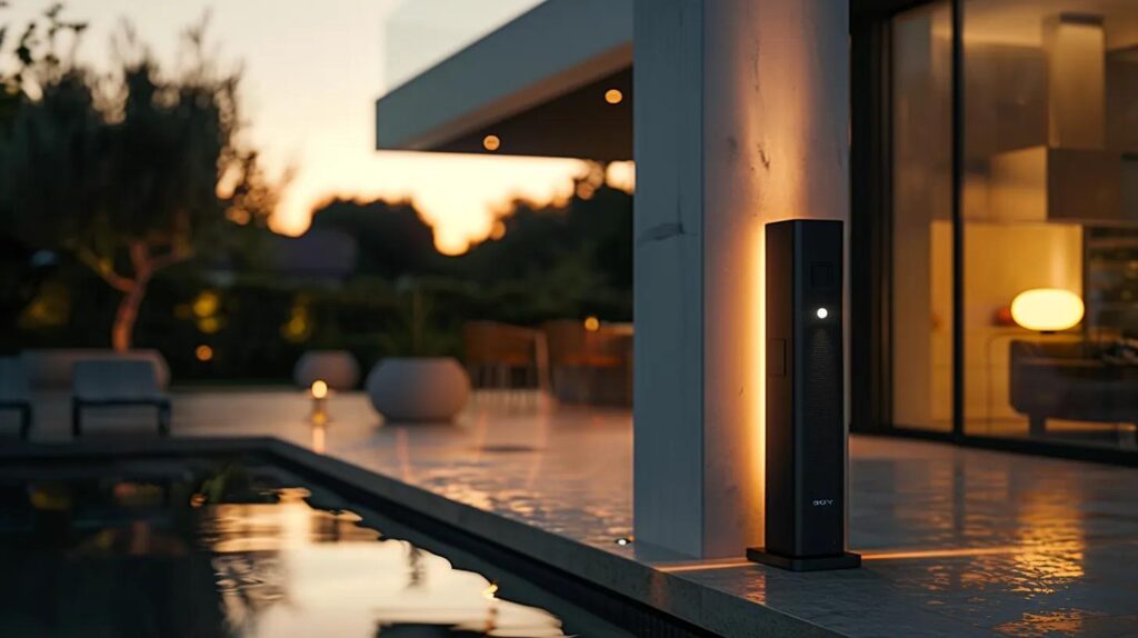 a sleek, high-tech biometric keysafe stands prominently against a backdrop of a modern home, illuminated by warm evening light, symbolizing enhanced security and innovation.