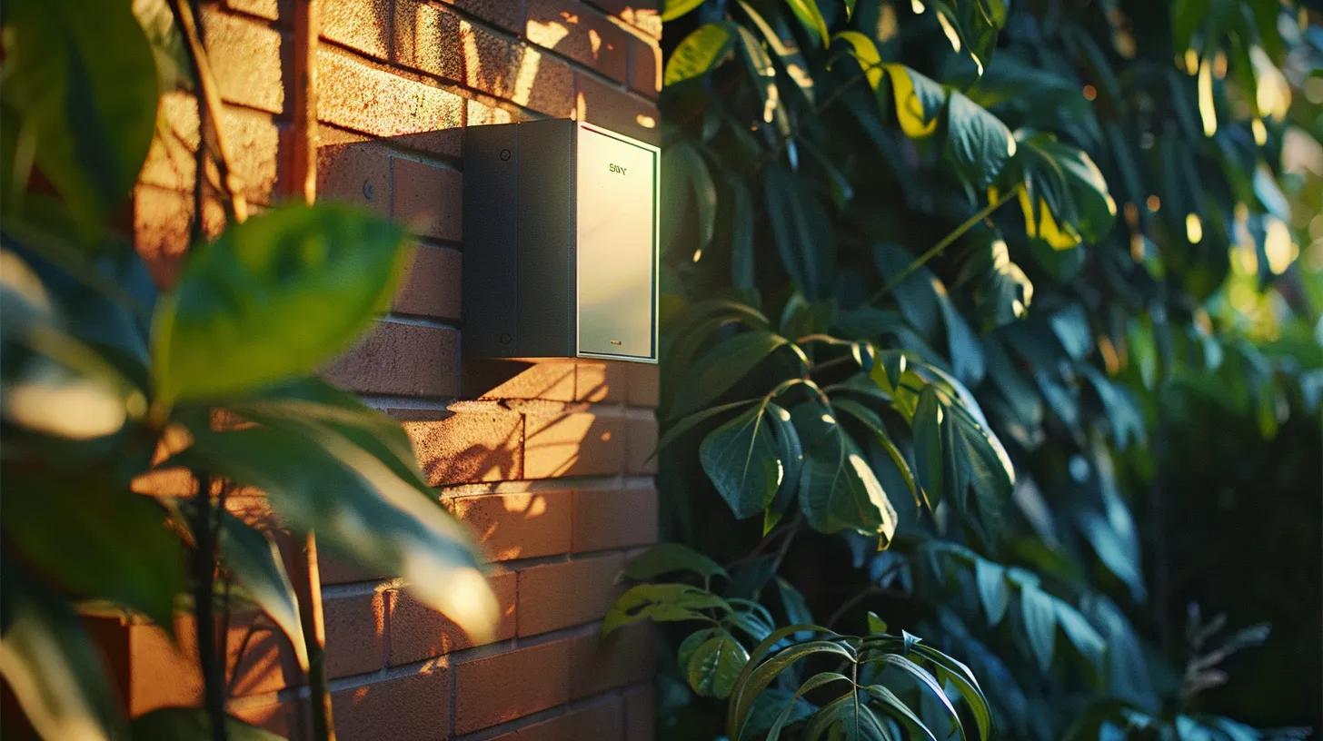 a sleek, modern biometric keysafe mounted discreetly on a brick wall, surrounded by lush greenery, illuminated by soft morning light to emphasize its security features and blend with the serene environment.