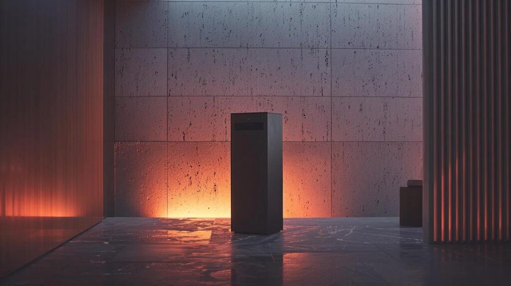 a sleek, modern biometric keysafe stands prominently against a clean, minimalistic backdrop, showcasing its advanced security features highlighted by soft, ambient lighting that emphasizes its innovative design.