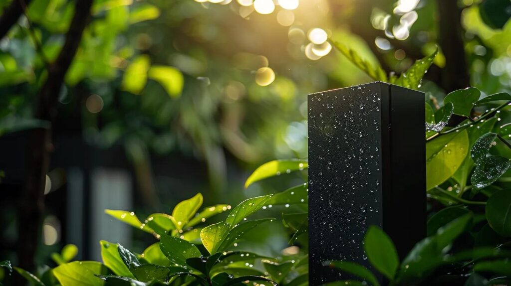 a sleek, modern waterproof biometric keysafe glistens under gentle sunlight, its high-tech design juxtaposed against a backdrop of lush greenery and glistening water droplets.