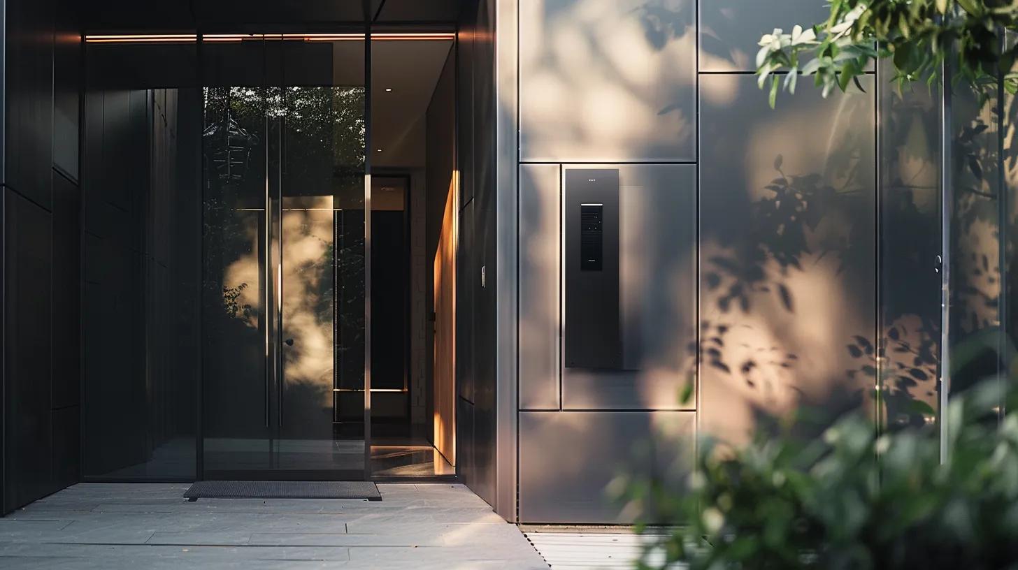 a sleek, modern biometric keysafe made of durable steel is prominently displayed against a minimalistic home entrance, highlighting its advanced locking mechanism and emphasizing the theme of enhanced home security.