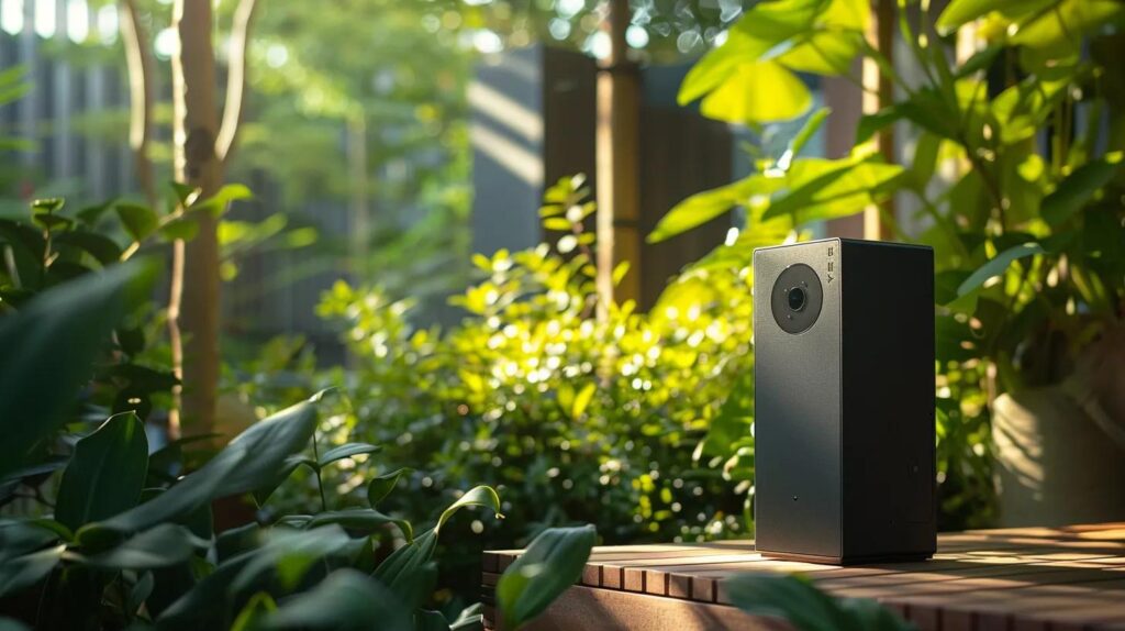 a sleek outdoor biometric keysafe stands prominently against a lush green backdrop, showcasing its modern design and security features under soft, diffused sunlight.