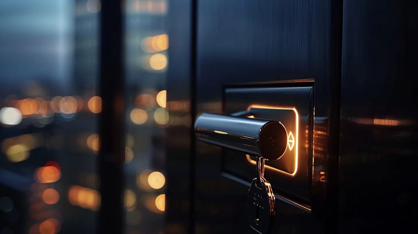 a close-up of a sleek, modern keysafe with a tamper-proof lock mechanism, illuminated by soft, dramatic lighting that highlights its robust design and advanced security features against a blurred urban backdrop.