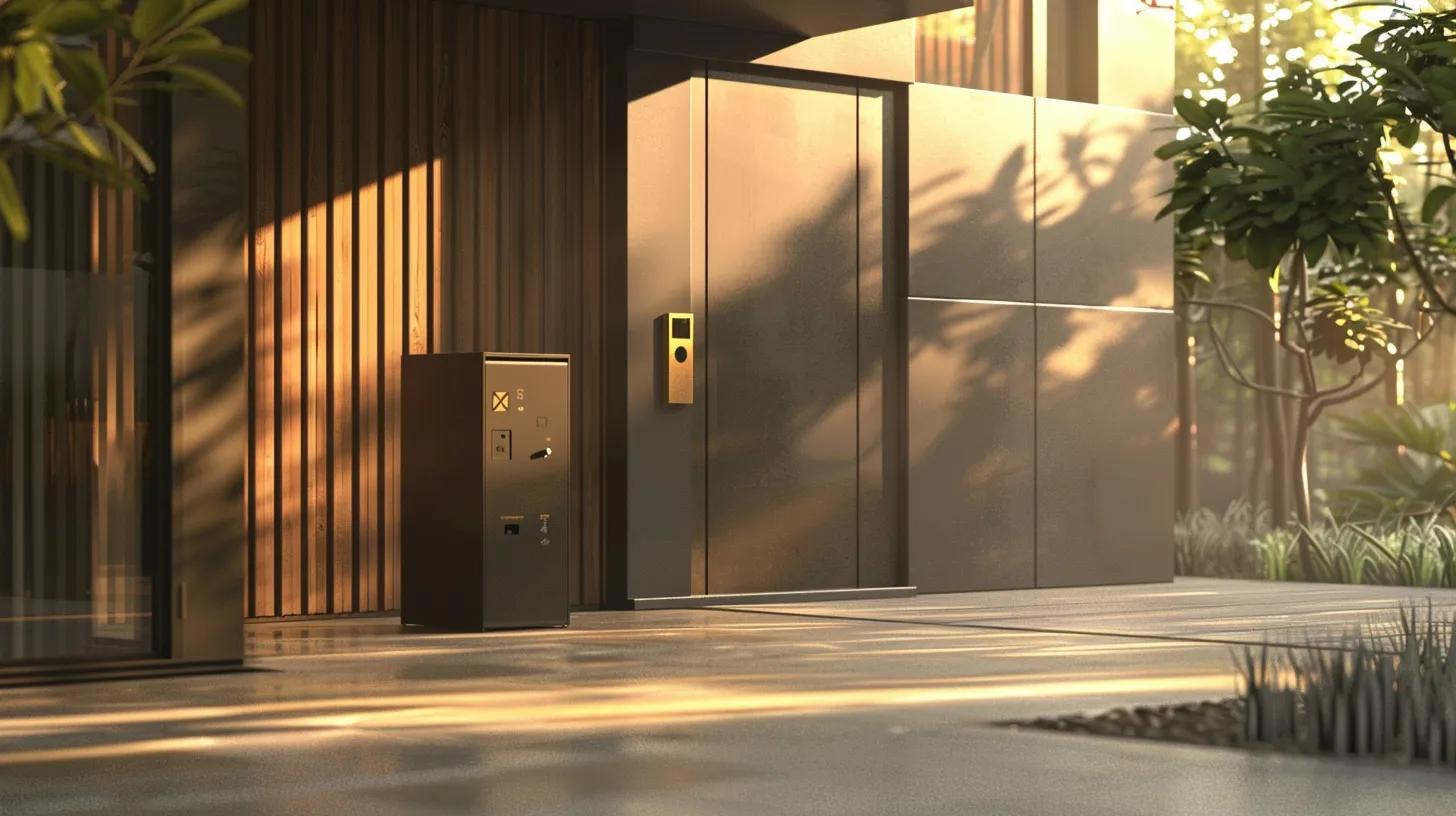 a sleek, fortified key safe stands prominently against a backdrop of a modern residential home, showcasing its robust tamper-proof design while bathed in soft, warm sunlight that highlights the security features and reliability of this innovative solution.