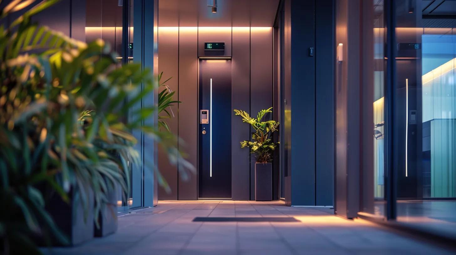 a sleek, high-tech biometric access control system glows subtly in a modern office entrance, showcasing secure key management and ensuring protection against unauthorized access under dramatic lighting.