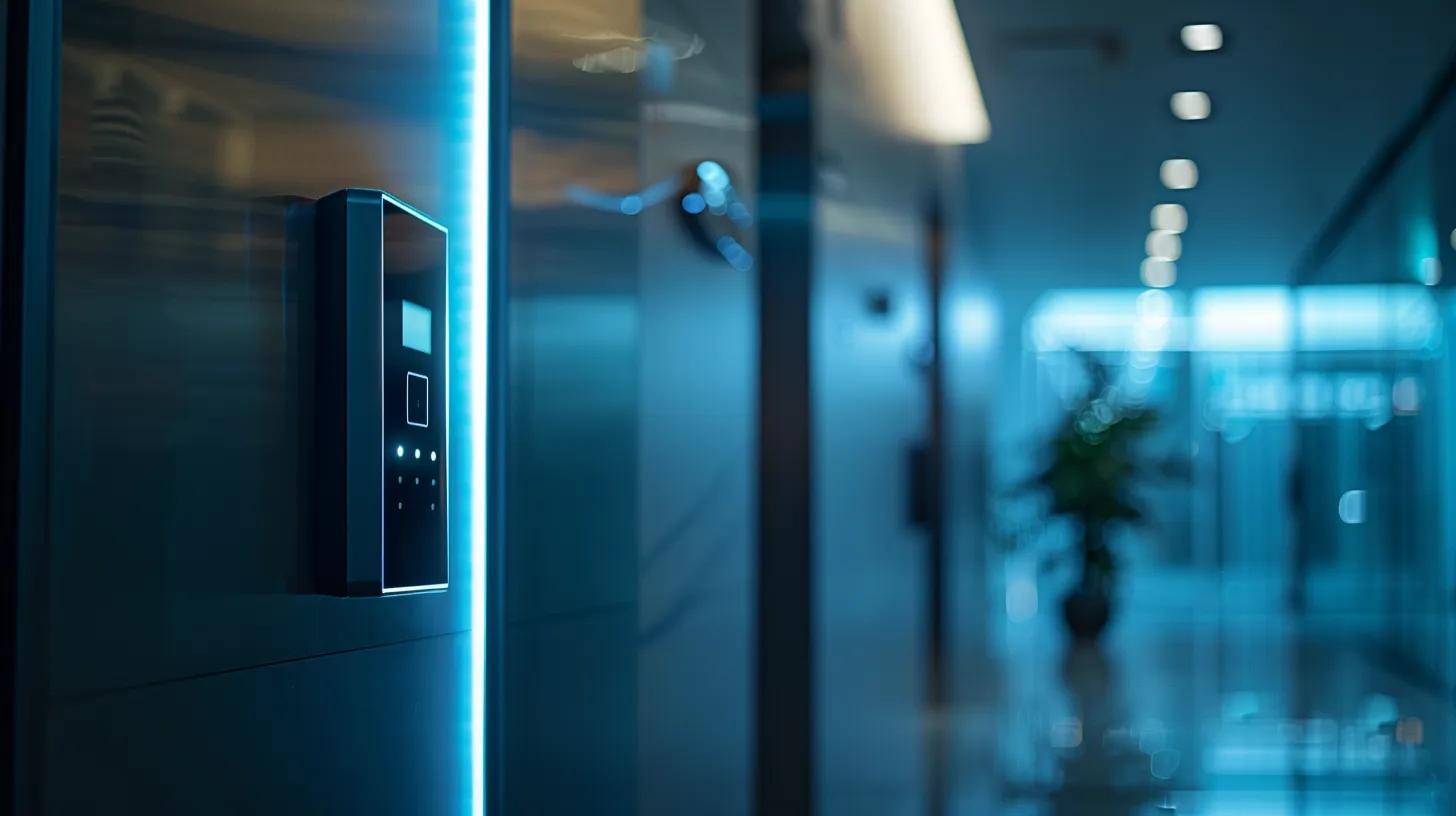 a sleek, modern biometric access control system glows softly under ambient lighting, showcasing its advanced technology while evoking a sense of security and privacy.