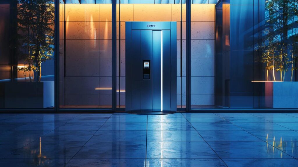 a sleek, modern entrance features a high-tech biometric access control panel, illuminated by soft ambient lighting, highlighting its cutting-edge security technology against a backdrop of polished glass and steel.