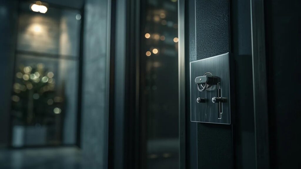 a sleek, modern key safe gleams under soft, focused lighting, showcasing its tamper-proof design in a minimalist, secure setting that radiates strength and reliability.