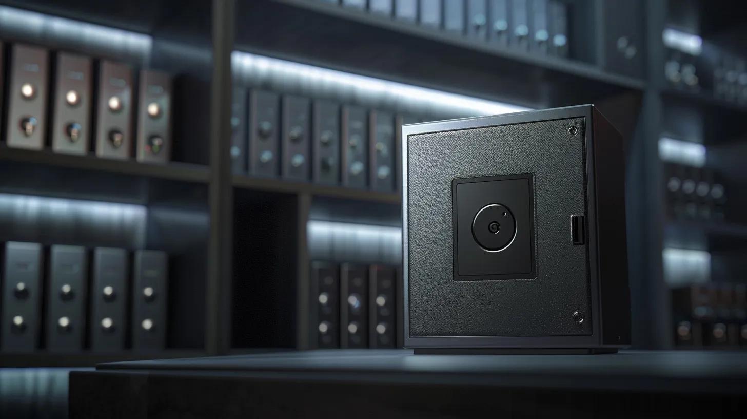 a sleek, modern keysafe device stands prominently against a backdrop of traditional safes, with soft, focused lighting accentuating its advanced tamper-proof features and emphasizing the innovative security technology.