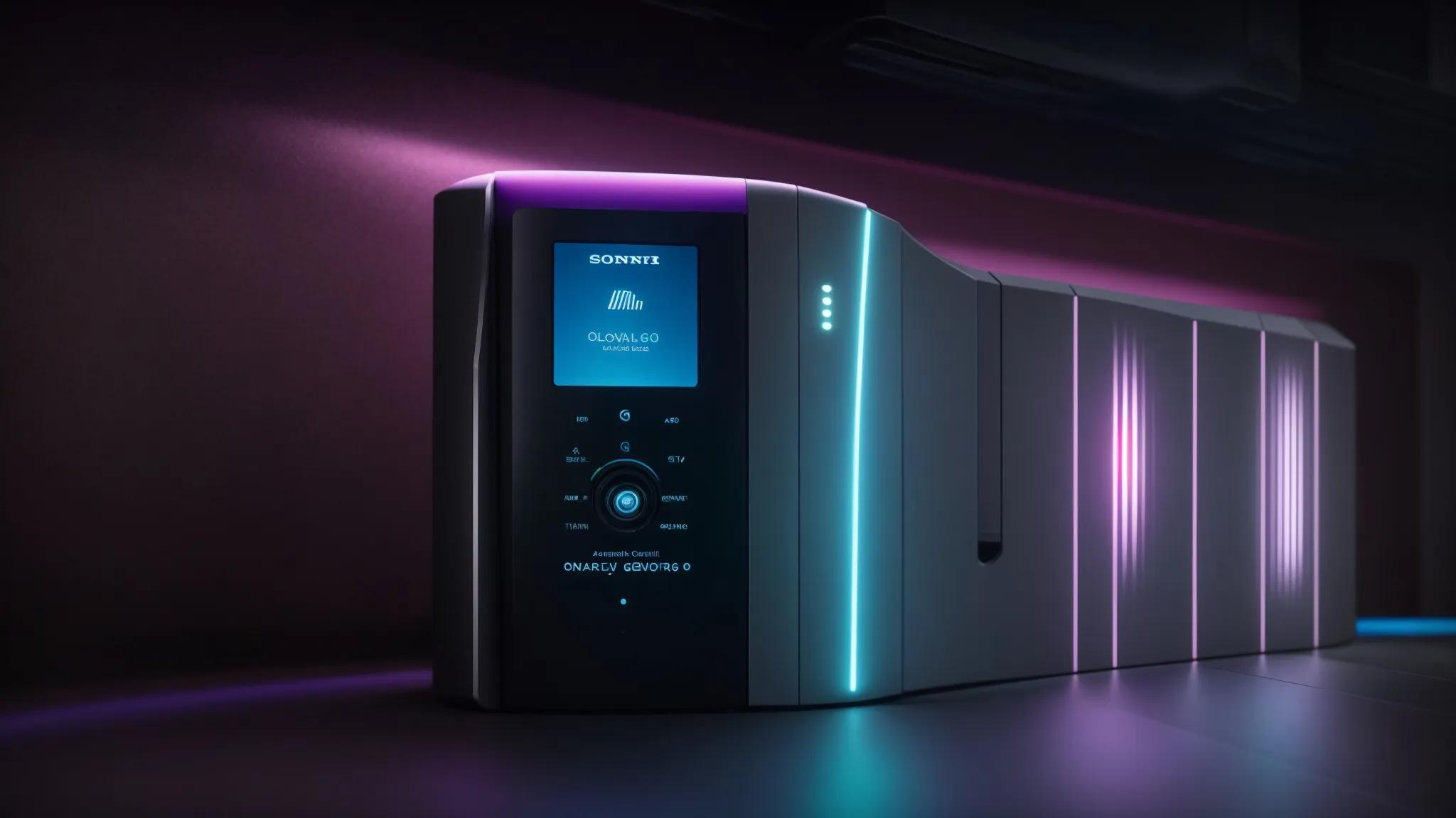 a futuristic, sleek biometric access control system glows with vibrant led lights, seamlessly integrating advanced artificial intelligence, symbolizing the evolution of keysafe security in a high-tech environment.